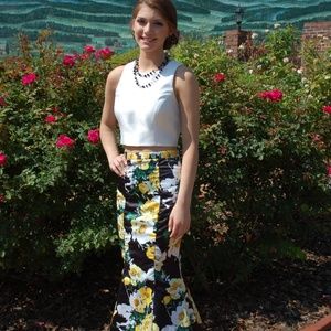 Two piece white and floral prom dress